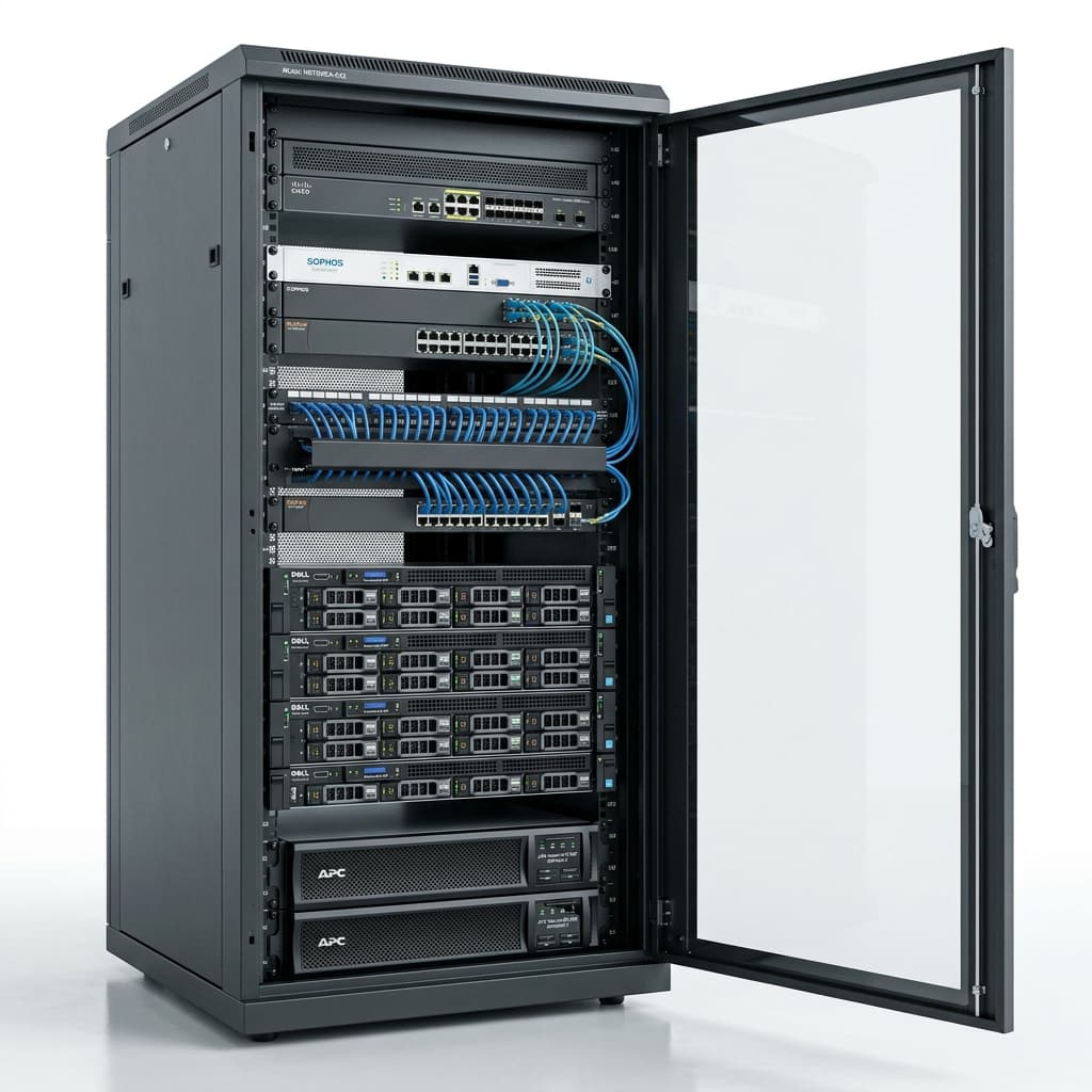 Nodelink Systems Enterprise IT Infrastructure 3D Rack Cabinet with Dell Servers, Cisco Router, Sophos Firewall, APC UPS